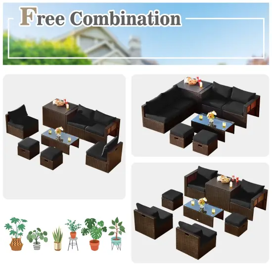 8 Pieces Patio Space-Saving Rattan Furniture Set with Storage Box and Waterproof Cover Black {3}