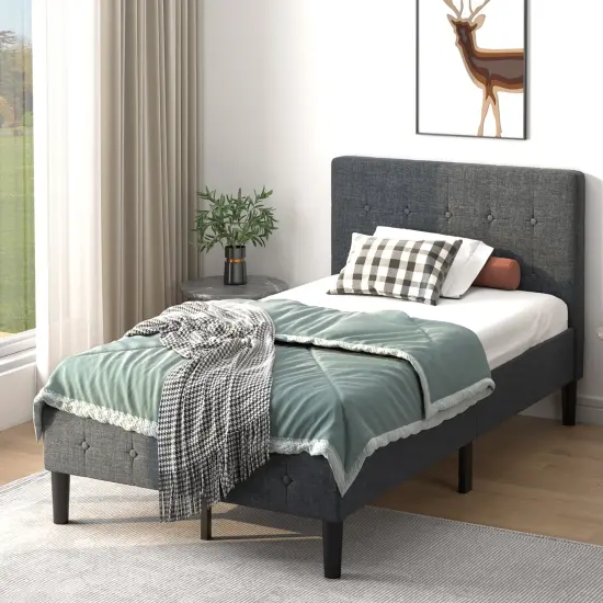 Costway Twin Size Upholstered Bed Frame Platform Bed with Button Tufted Headboard Mattress Foundation Grey {3}