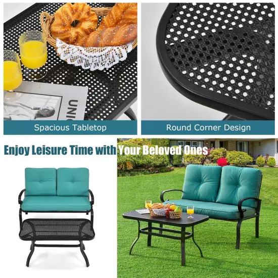 2 Pieces Patio Loveseat Bench Table Furniture Set with Cushioned Chair Turquoise {5}