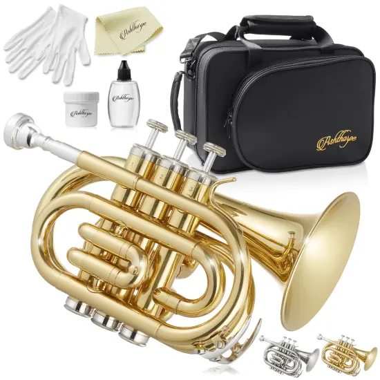Ashthorpe Bb Brass Pocket Trumpet - Includes Case, Mouthpiece, Gloves, Cleaning Cloth, Valve Oil {7}
