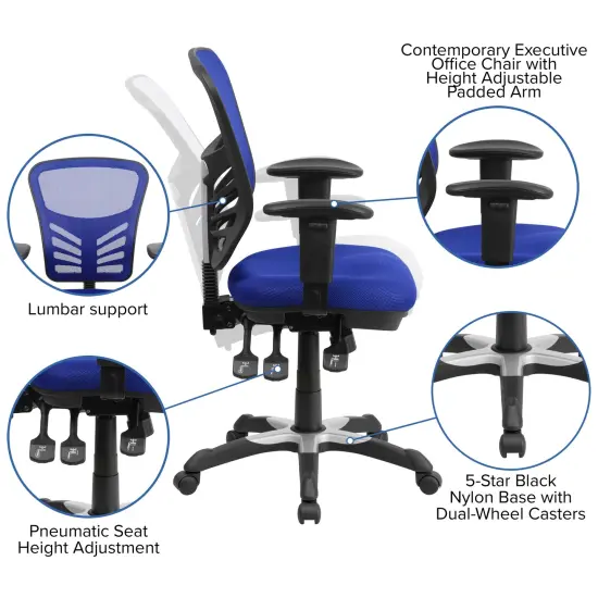 Emma and Oliver Mid-Back Mesh Triple Paddle Swivel Ergonomic Office Chair with Adjustable Arms Blue {2}