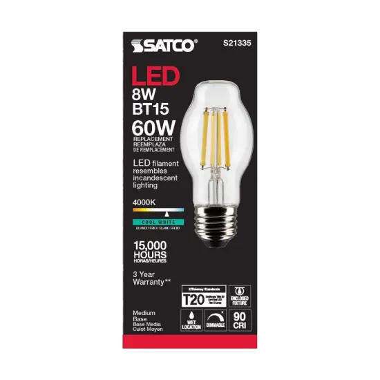 6Pk - Satco 8w BT15 LED 4000K Medium Base Dimmable - 60w equiv Cool White {5}