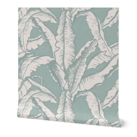 Peel & Stick Wallpaper 2FT Wide Sage Green Minimal Tropical Flora Banana Leaf Rainforest Summer Island Custom Removable Wallpaper by Spoonflower {7}