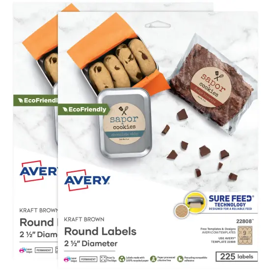 Avery Kraft Brown Round Labels with Sure Feed Technology, 2.5" Diameter, Print to the Edge, Laser/Inkjet Printable Labels, 2 Packs of 22808, 450 Total (5639) {1}