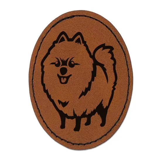 Perky Pomeranian Pup Dog Pet Round Iron-On Engraved Faux Leather Patch Applique - 2.5" Brown {1}