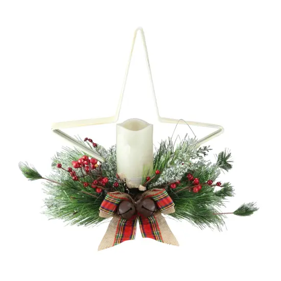 Gerson 15" Battery Operated White and Green Christmas Star Candle Holder {1}