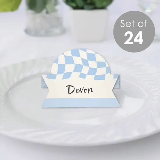 Big Dot of Happiness Blue Checkered Party - Tent Buffet Card - Table Setting Name Place Cards - Set of 24 {3}
