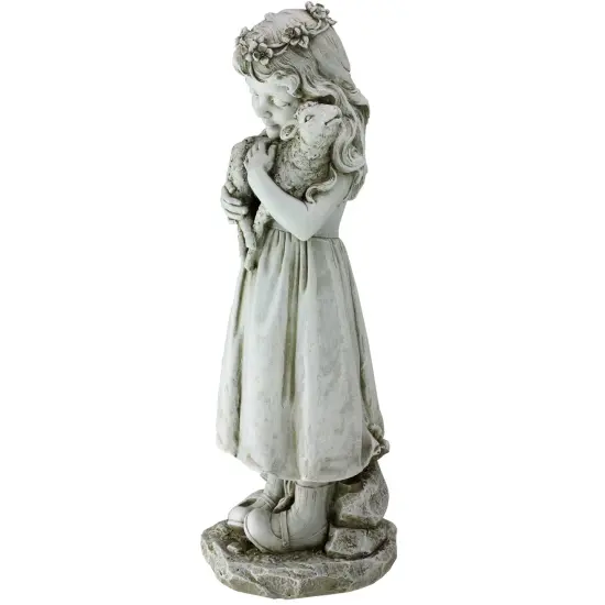 Roman 16" Joseph's Studio Girl Holding a Lamb Outdoor Garden Statue Gray {3}