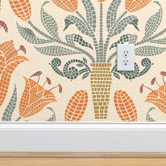 Pre-Pasted Wallpaper 2FT Wide Floral Orange Mosaic Tile Lily Roman Botanical Damask Meadow Large Scale Custom Pre-pasted Wallpaper by Spoonflower {4}