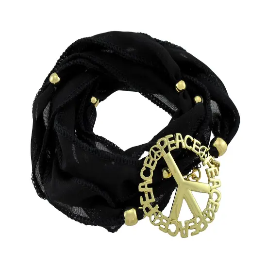 Black Beaded Ribbon Gold Tone Peace Sign Wrap Bracelet {1}