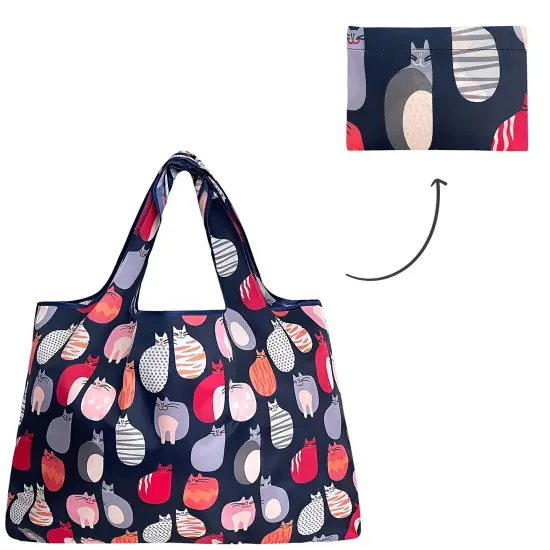 Wrapables Large Foldable Tote Nylon Reusable Grocery Bags Stylish Kitties {4}