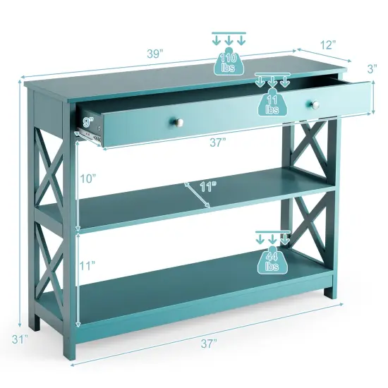 Console Table 3-Tier with Drawer and Storage Shelves Turquoise {6}