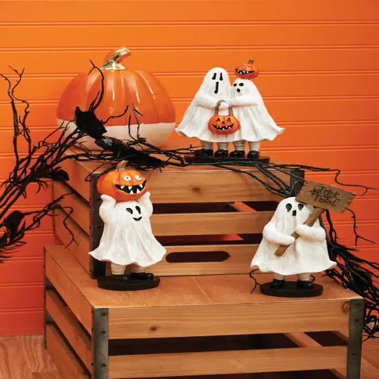 3.35" Kid Ghost Costume Holding Jack-O-Lantern Cute Halloween Figurine {5}
