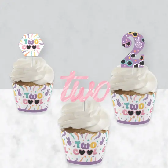 Big Dot of Happiness Two Cool - Girl - Cupcake Decoration - Pastel 2nd Birthday Party Cupcake Wrappers and Treat Picks Kit - Set of 24 {4}