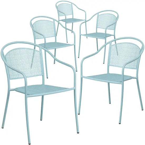 Emma and Oliver Commercial Grade 5 Pack Indoor-Outdoor Steel Patio Arm Chair with Round Back Sky Blue {1}