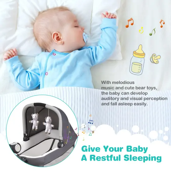 4-in-1 Convertible Portable Baby Play yard with 2 Hanging Toys and Music Box Blue {1}