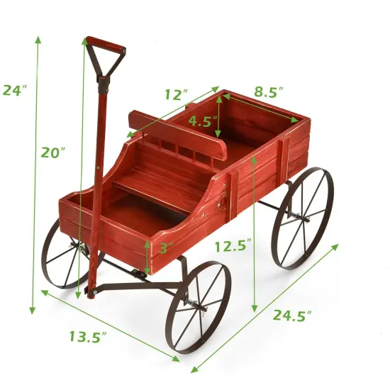 Costway Garden Plant Planter Wooden Wagon Planter W/ Wheel Garden Yard {2}