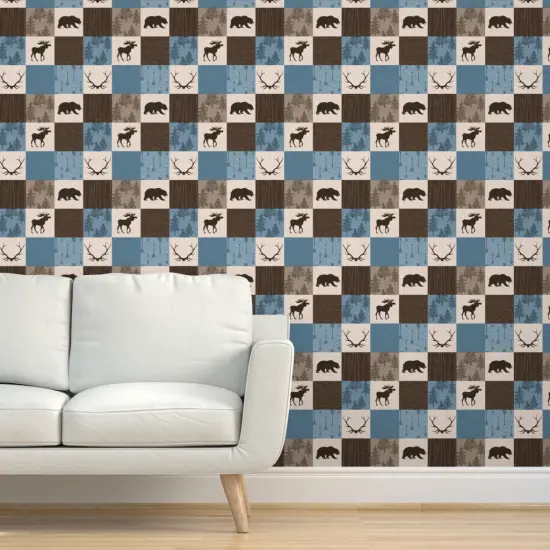 Pre-Pasted Wallpaper 2FT Wide Brown Woodland Bears Patchwork Moose Antlers Wildlife Cabincore Tree Arrows Cheater Quilt Nature Cabin Custom Pre-pasted Wallpaper by Spoonflower {5}