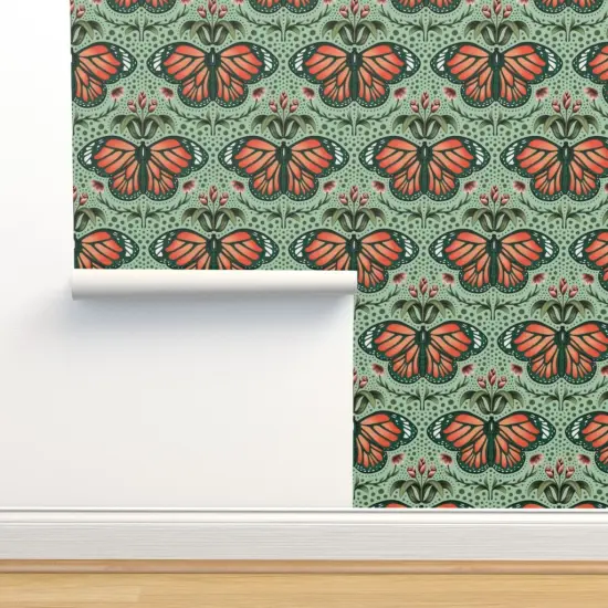 Pre-Pasted Wallpaper 2FT Wide Monarch Damask Aqua Mint Large Scale Botanical Tulip Floral Custom Pre-pasted Wallpaper by Spoonflower {2}