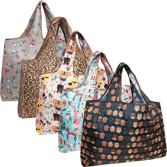 Wrapables Large Foldable Tote Nylon Reusable Grocery Bags, 5 Pack Cuddly Animals {1}