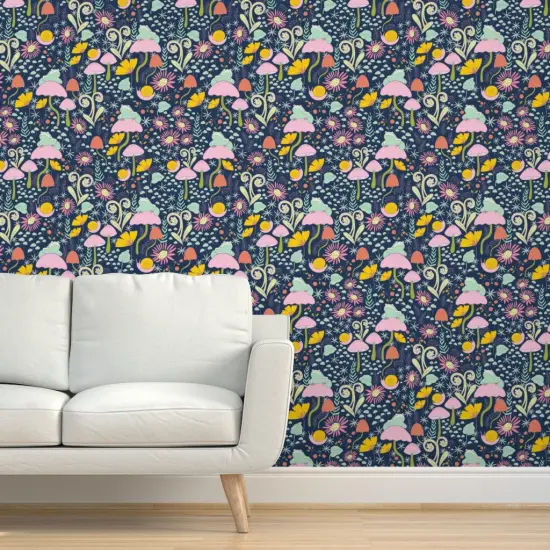 Pre-Pasted Wallpaper 2FT Wide Whimsical Forest Blue Snails Frogs Mushrooms Small Scale Custom Pre-pasted Wallpaper by Spoonflower {5}