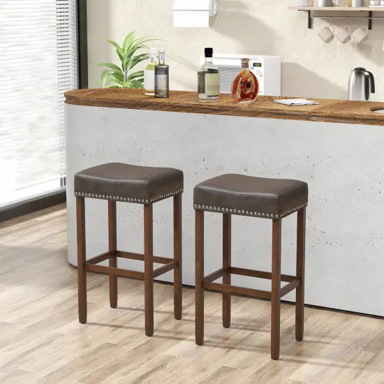 Costway 29.5" Wood Frame PU Leather Upholstered Bar Stools Set of 2 with Footrests Brown/Grey {4}