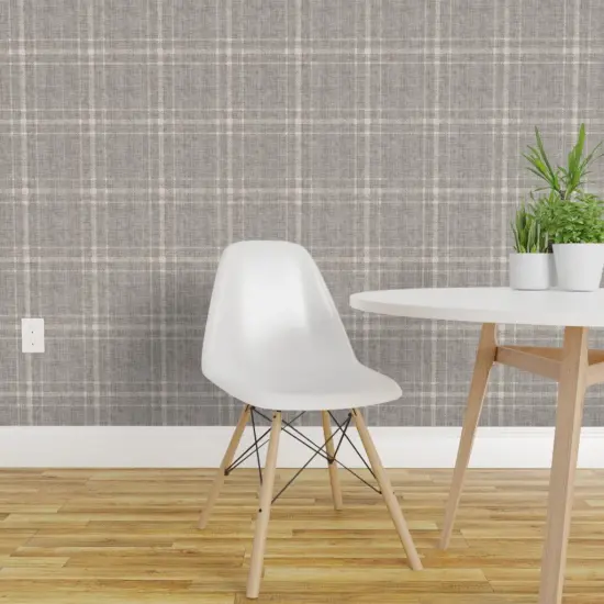 Pre-Pasted Wallpaper 2FT Wide Grey Tartan Farmhouse Academia Plaid Large Neutral Scale Cottagecore Grandmillennial Custom Pre-pasted Wallpaper by Spoonflower {1}
