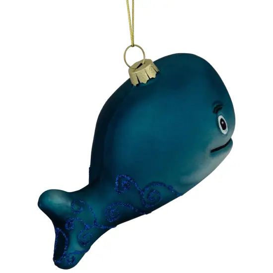 Northlight Glittered Whale Glass Christmas Ornament - 4" - Teal Blue {6}
