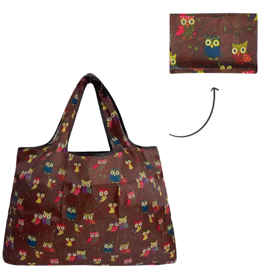 Wrapables Large Foldable Tote Nylon Reusable Grocery Bags Owls Brown {3}