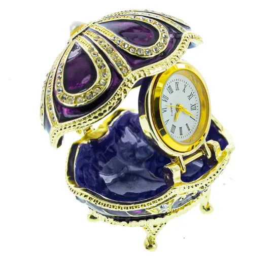 Bejeweled Purple Enamel Egg Figurine with Clock {4}