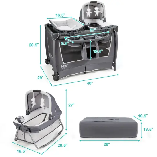 4-in-1 Convertible Portable Baby Play yard with 2 Hanging Toys and Music Box Grey {4}