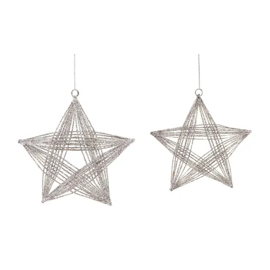 Melrose Set of 2 Silver Glittered 3D Wire Frame Star Christmas Ornaments 8.25" {1}