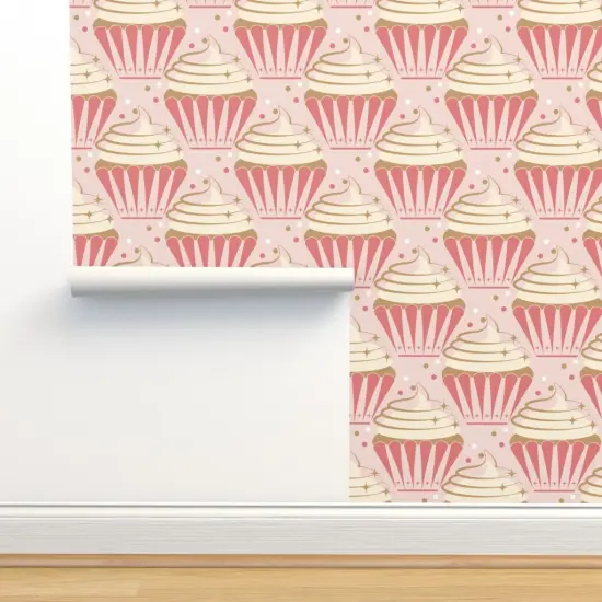 Peel & Stick Wallpaper 2FT Wide Large Scale Pink Cupcakes Atomic Birthday Party Retro Vintage Strawberry Celebration Vanilla Yellow Mid Century Stars Cosmic Cake Desserts Custom Removable Wallpaper by Spoonflower {2}