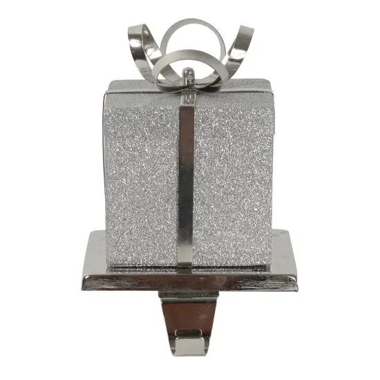 Northlight 5.5" Silver Glitter Gift Box with Bow Christmas Metal Stocking Holder {5}