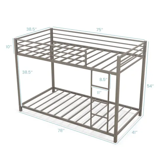 Twin Over Twin Metal Bunk Bed, Low Profile, Safe, No Box-Spring Silver {5}