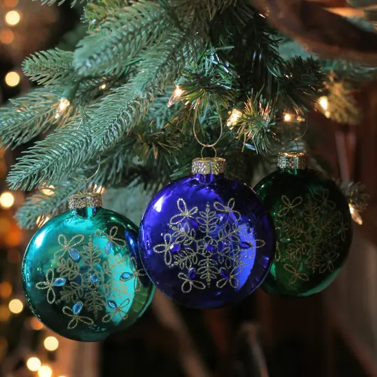 Northlight Snowflake Glass Disc Christmas Ornaments - 3.25" (82mm) - Blue and Green - Set of 3 {3}