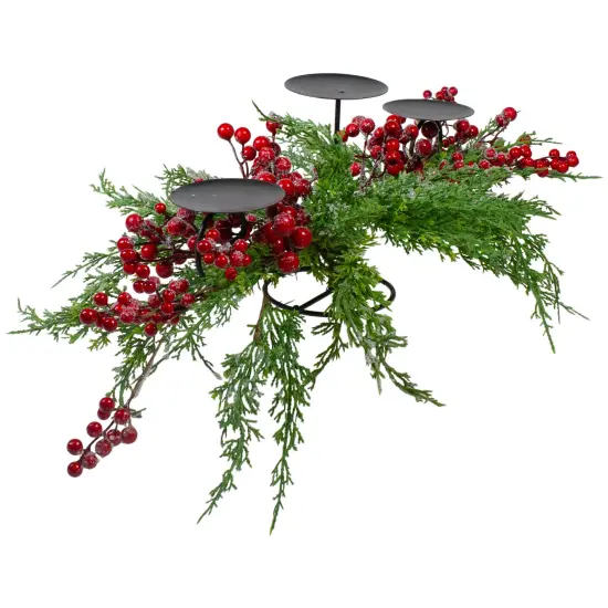 Northlight Frosted Berry and Foliage Triple Candle Holder Christmas Decoration - 32" Red {3}