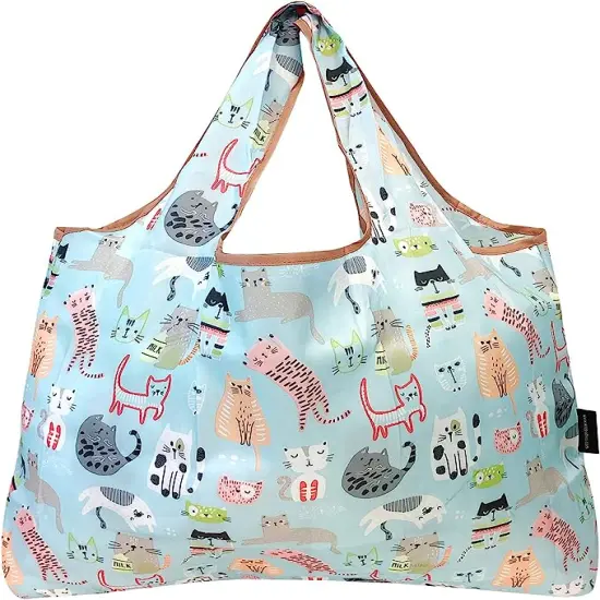 Wrapables Large Foldable Tote Nylon Reusable Grocery Bags, 5 Pack Cats Everywhere {4}