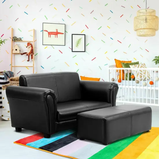 Soft Kids Double Sofa with Ottoman Black {2}