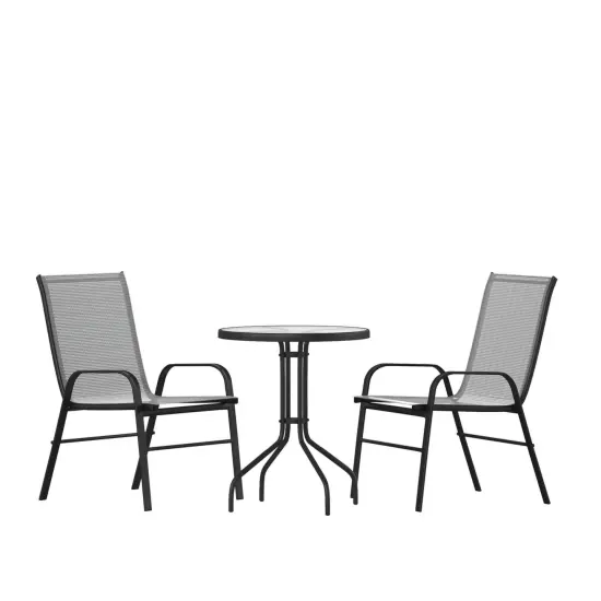 Emma and Oliver Three Piece Patio Table Set with Round Metal Frame Table with Tempered Glass Top and Two Flex Comfort Stacking Chairs Gray {1}