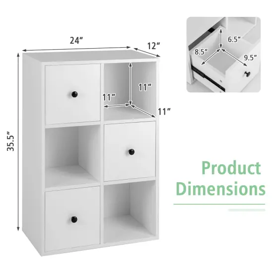 Costway 6-Cube Bookcase Storage Organizer with 3 Open Cubes 3 Drawers for Home Office White/Brown {3}