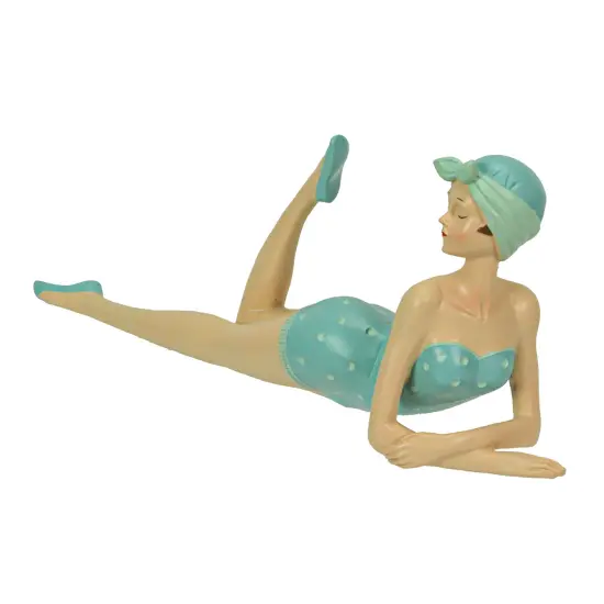 Retro Bathing Beauty Beach Girl Posing In Sage Green Polka Dot Swimsuit Figurine {3}