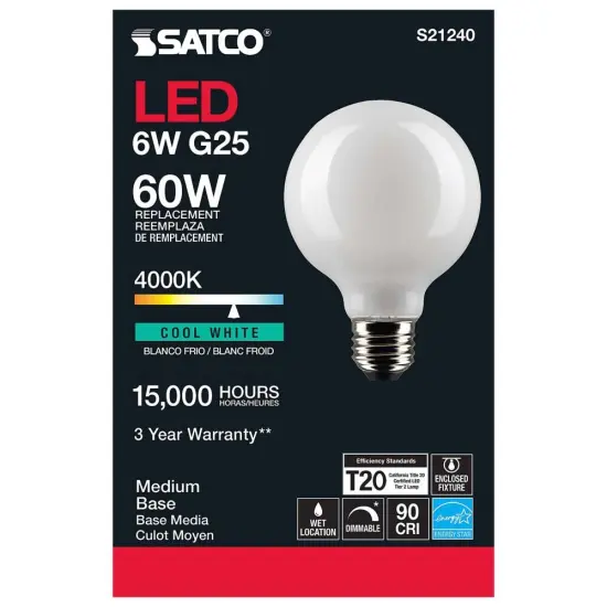 6Pk - Satco 6w G25 Globe Filament LED 4000K E26 Base White Dimmable - 60w equiv Cool White {5}