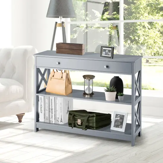 Console Table 3-Tier with Drawer and Storage Shelves Grey {2}