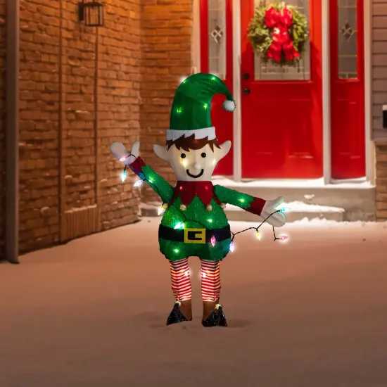 Northlight 34.25" LED Lighted Elf Holding Christmas Lights Outdoor Yard Decoration Green {3}