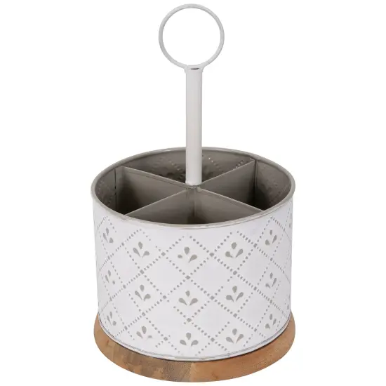 Northlight 7" White Round Embossed Utensil Caddy with Wooden Base {5}