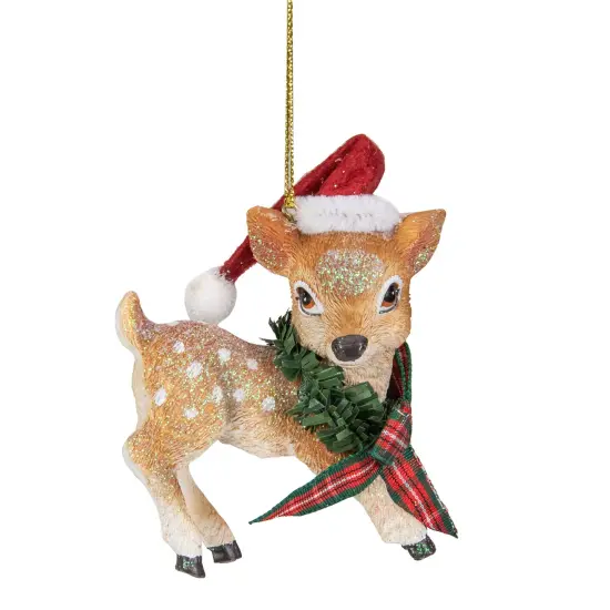 Northlight Fawn Reindeer Wearing Santa Hat Christmas Ornament - 3" - Brown and Red {1}