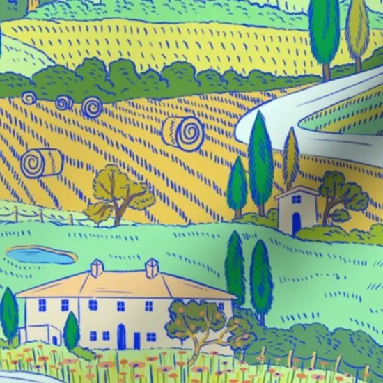 Various Fabrics by the Yard or Fat Quarter Multicolor Painting Farmland Villa Italian Landscape Large Scale Countryside Tuscan Mediterranean Custom Printed Fabric by Spoonflower {7}