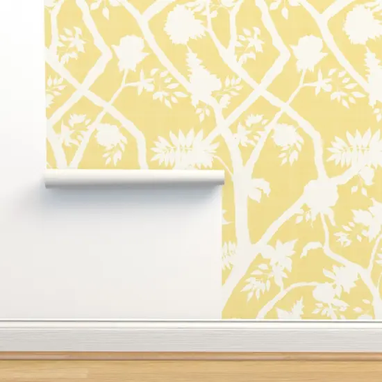 Peel & Stick Wallpaper 2FT Wide Chinoiserie Butter Yellow Cream Floral Flower Silhouette Timeless Grandmillenial Custom Removable Wallpaper by Spoonflower {2}
