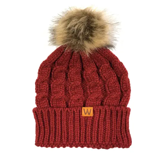 Wrapables Winter Warm Cable Knit Faux Fur Pom Pom Beanie Adult Burgundy {3}